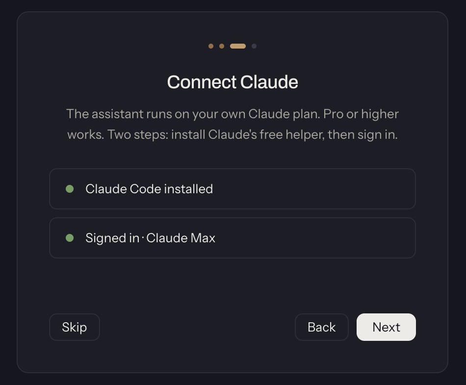The Connect Claude card with two green rows: Claude Code installed, and Signed in.