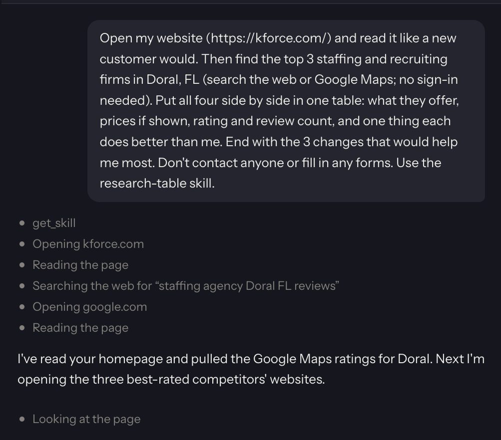 The assistant panel while the first job runs. The job is written at the top, then a list of steps: opening the website, reading the page, searching the web, opening Google, and a note that it is now opening the three best-rated competitors.